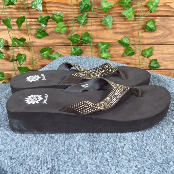 Yellow Box Africa Womens Size 11 Brown Leather Wedge Thong Sandals Platform - Picture 3 of 7